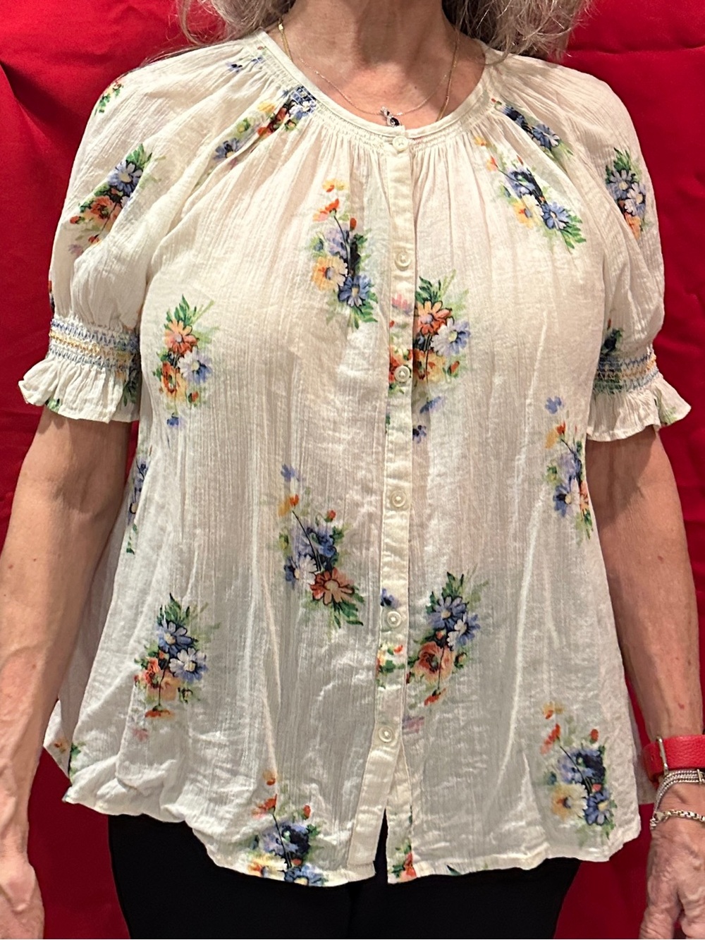 Madewell Cream Floral Button-Up Blouse with Blue and Orange Accents